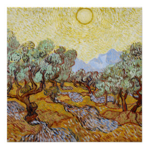 Póster Olivos con cielo amarillo y sol