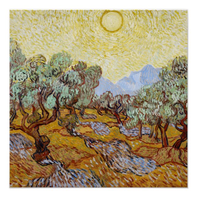 Póster Olivos con cielo amarillo y sol  (Anverso)