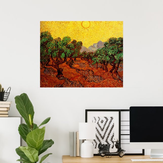 Póster Olivos con cielo amarillo y sol de Van Gogh (Oficina en casa)