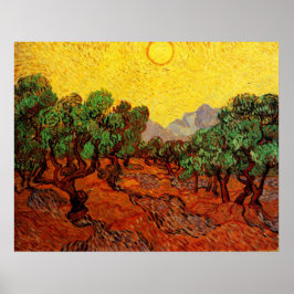 Póster Olivos Van Gogh con cielo y sol amarillos