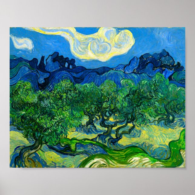 Póster Olivos Van Gogh en un paisaje montañoso (Frente)