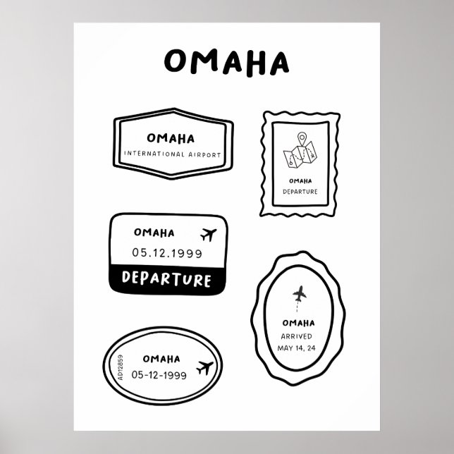 Póster Omaha - Colección de sellos de viaje | Minimalista (Frente)