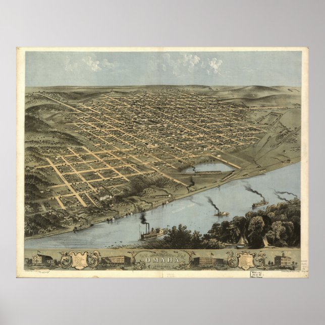 Póster Omaha Nebraska 1868 Mapa Panorámico Antiguo (Frente)