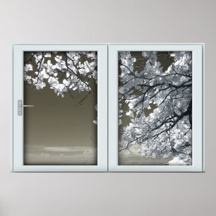 Póster Ominoso árbol blanco florece en la ventana falsa i