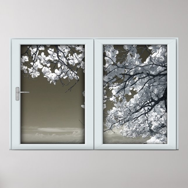 Póster Ominoso árbol blanco florece en la ventana falsa i (Frente)