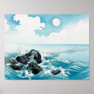 Póster Onda oceánica vintage en la isla Kojima Illus Japo