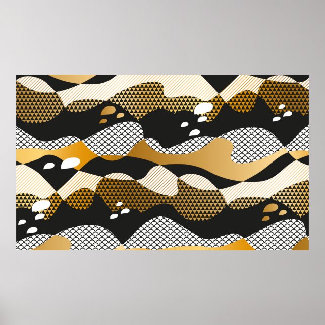 Póster Ondas abstractas con textura geométrica en oro met (Frente)