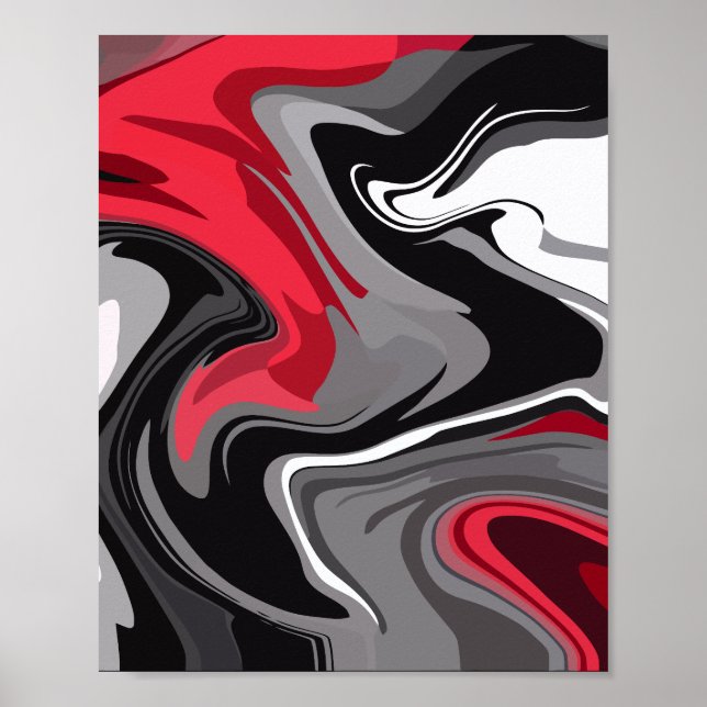 Póster Ondas abstractas dinámicas rojas, negras, blancas  (Frente)