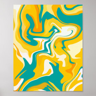 Póster Ondas abstractas vibrantes en amarillo y turquesa