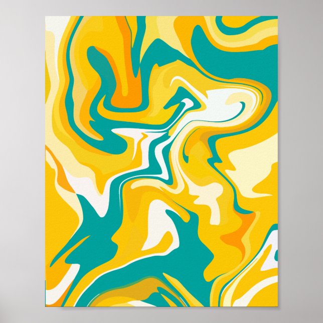 Póster Ondas abstractas vibrantes en amarillo y turquesa (Frente)