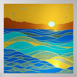 Póster Ondas detalladas durante un Poster de atardecer Na