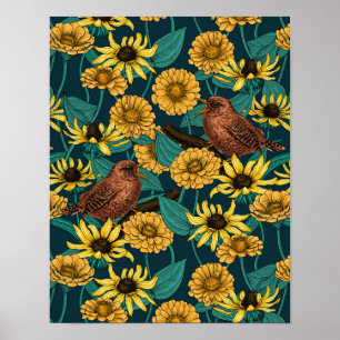 Póster Ondas y flores en azul oscuro