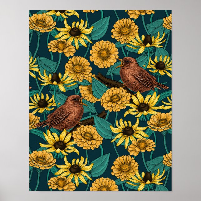 Póster Ondas y flores en azul oscuro (Frente)