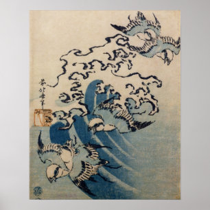 Póster Ondas y pájaros, c.1825 (impresión del woodblock