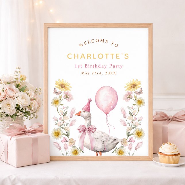 Póster One Silly Goose Pink Bow 1st Birthday Welcome  (Welcome Sign Poster)