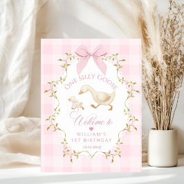 Póster One Silly Goose Pink Gingham 1st Birthday Welcome