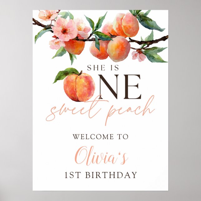 Póster One Sweet Peach 1st Birthday Welcome Sign (Frente)