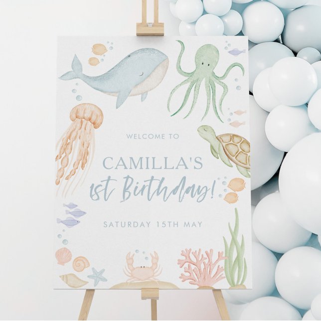 Póster Oneder The Sea Primer cumpleaños 18x24" Signo de b (Oneder the Sea | Matching items available for your little ones sea themed 1st birthday party)