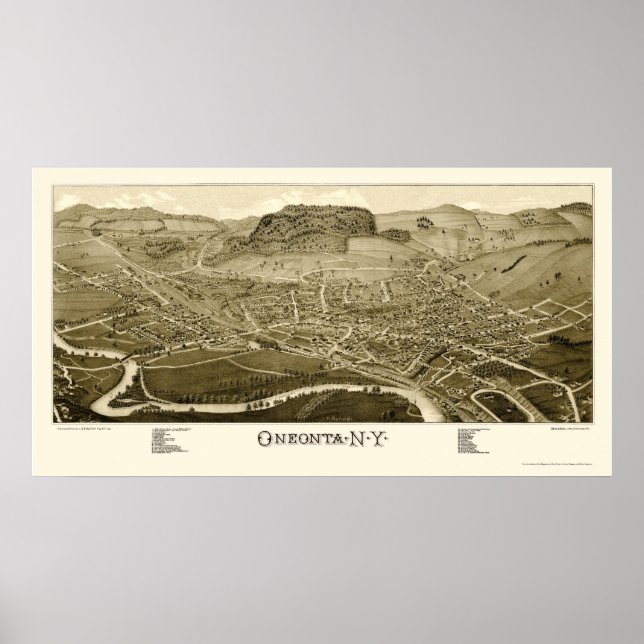 Póster Oneonta, Mapa Panorámico NY - 1884 (Frente)