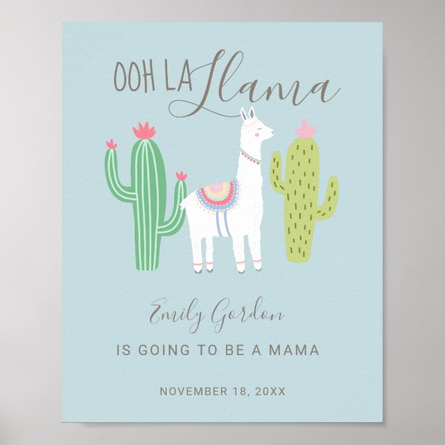 Póster Ooh La Llama Baby Shower lindo bebé azul (Frente)
