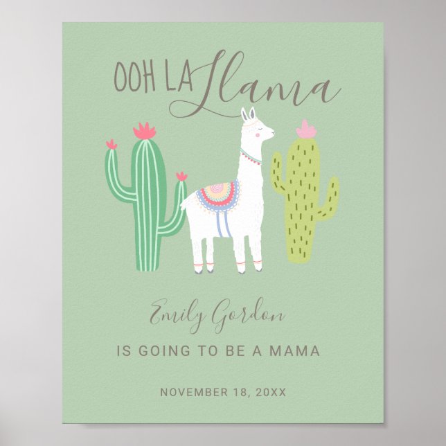 Póster Ooh La Llama Baby Shower lindo bebé verde azulado (Frente)