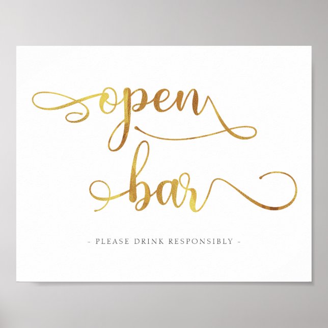 Póster "Open Bar" Bebidas de oro Rótulo Boda (Frente)