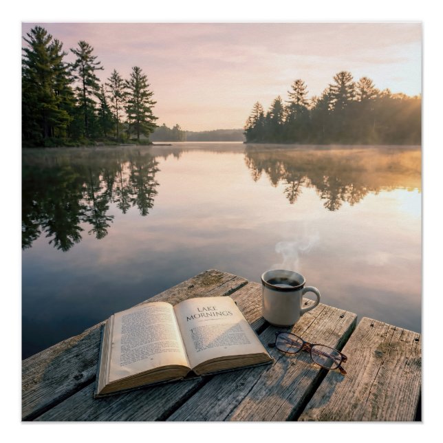 Póster Open Book With Coffee On a Lake Dock (Anverso)