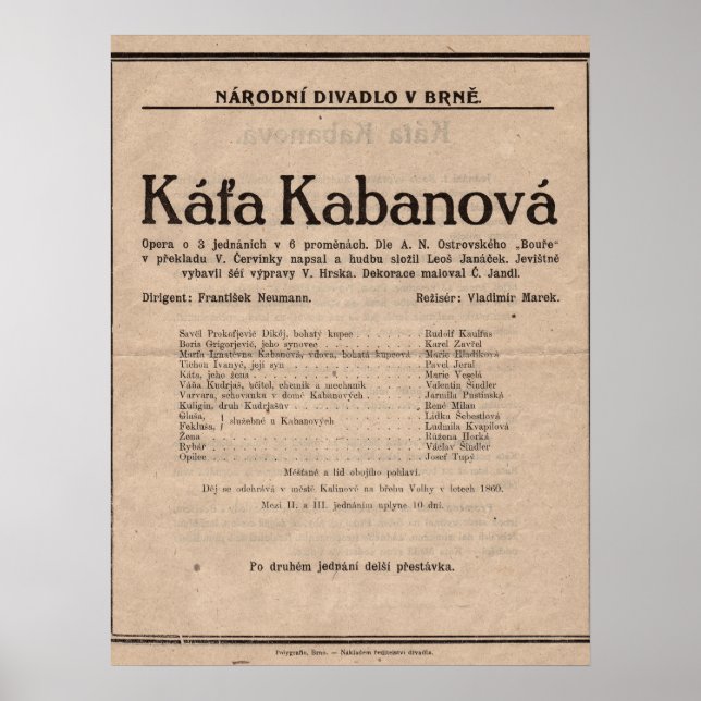 Póster - Ópera de Leoš Janáček Káťa Kabanová (Frente)