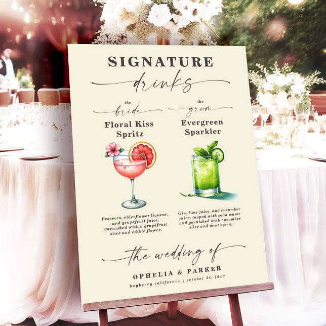 Póster Ophelia Boda Novia & Groom Signature Bebidas (Say "I DO" to Romantic Watercolor Florals and a Cottagecore Vibe with the Ophelia Wedding Suite.)