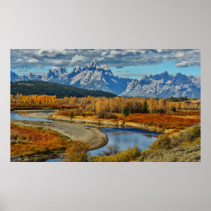 Póster Opinión magnífica del río de las montañas de Teton