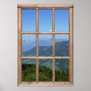 Póster Opinión superior de la montaña de una ventana