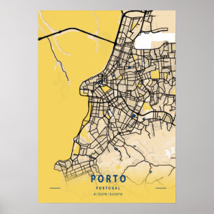 Póster Oporto - Portugal Mapa de la ciudad amarilla