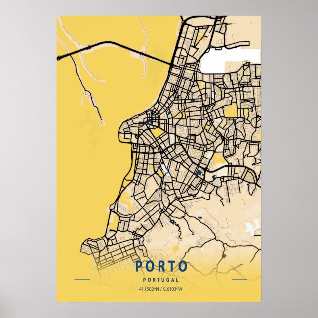 Póster Oporto - Portugal Mapa de la ciudad amarilla (Frente)
