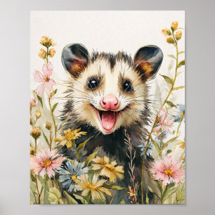 Póster Opossum divertido en las flores - Estilo acuarela