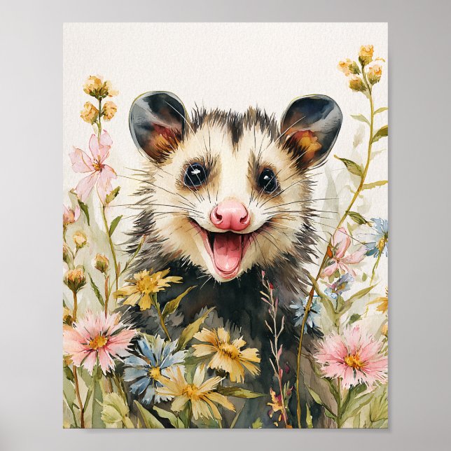 Póster Opossum divertido en las flores - Estilo acuarela (Frente)