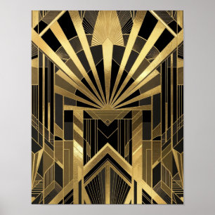 Póster Opulento sol dorado y negro con ráfagas de rayos a