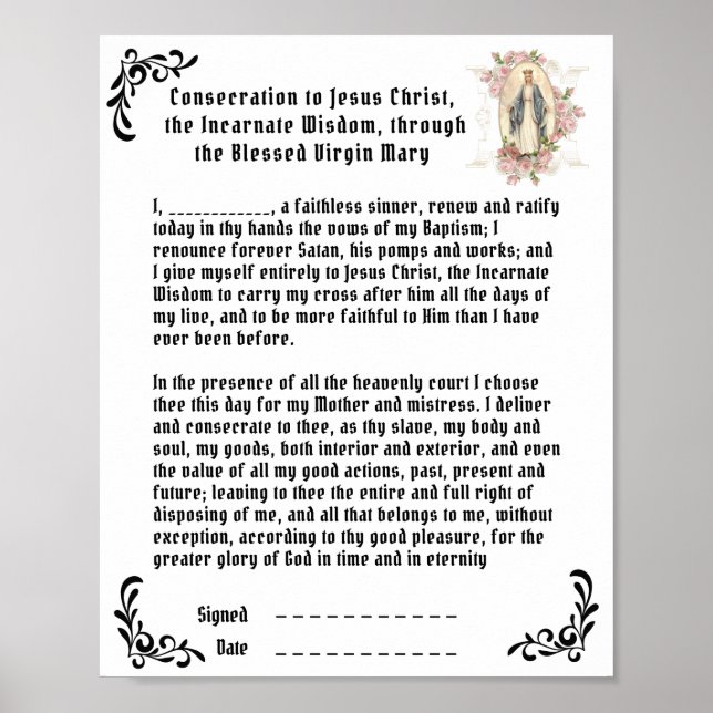 Póster Oración de consagración católica a la Virgen de Je (Frente)