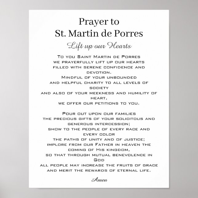 Póster Oración de San Martín de Porres Armonía Racial (Frente)