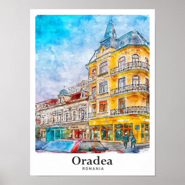 Póster Oradea Rumania Trae la mano de la acuarela (Frente)