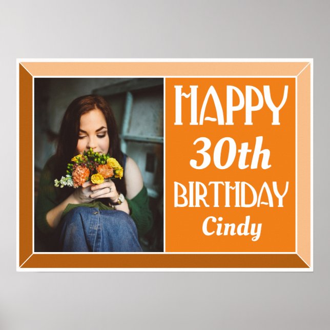Póster Orange 30th Art Deco Birthday Photo (Frente)