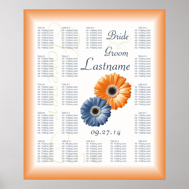 Póster Orange and Blue Daisy Wedding Seating Chart (Frente)