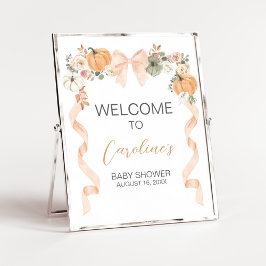 Póster Orange Bow Pumpkin Baby Shower Welcome Sign