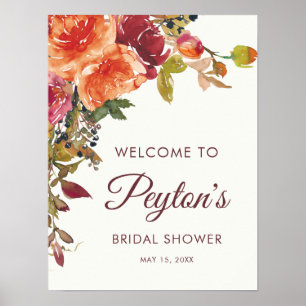 Póster Orange Burgundy Floral Fall Winter Bridal Shower