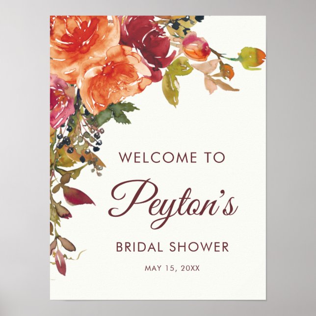 Póster Orange Burgundy Floral Fall Winter Bridal Shower (Frente)