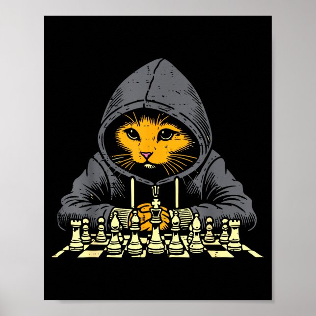 Póster Orange Cat Hoodie Playing Chess Game Cool Women Me (Frente)