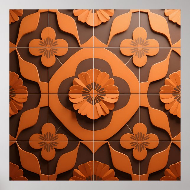 Póster Orange Floral Medallion Geometric Tile Pattern (Frente)