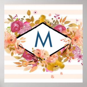 Póster Orange & Pink Floral Bouquet  Monogram