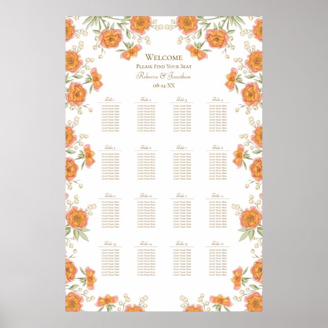 Póster Orange Rose Wedding Seating Chart (Frente)