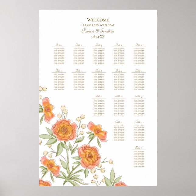 Póster Orange Rose Wedding Seating Chart (Frente)