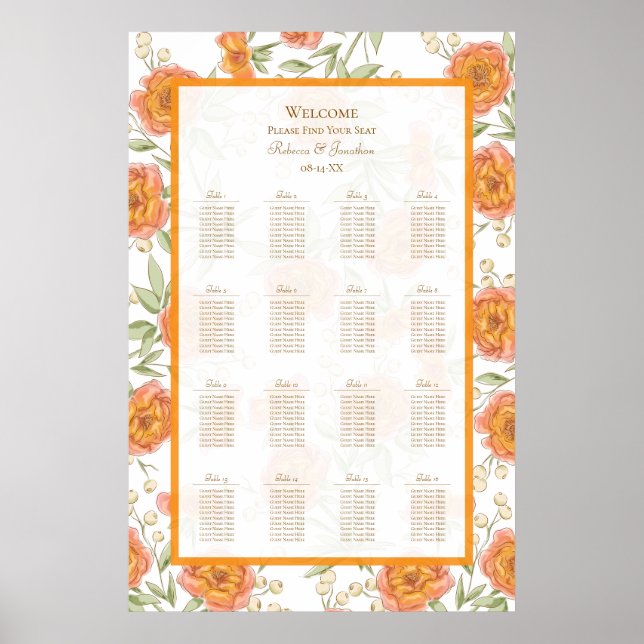 Póster Orange Rose Wedding Seating Chart (Frente)